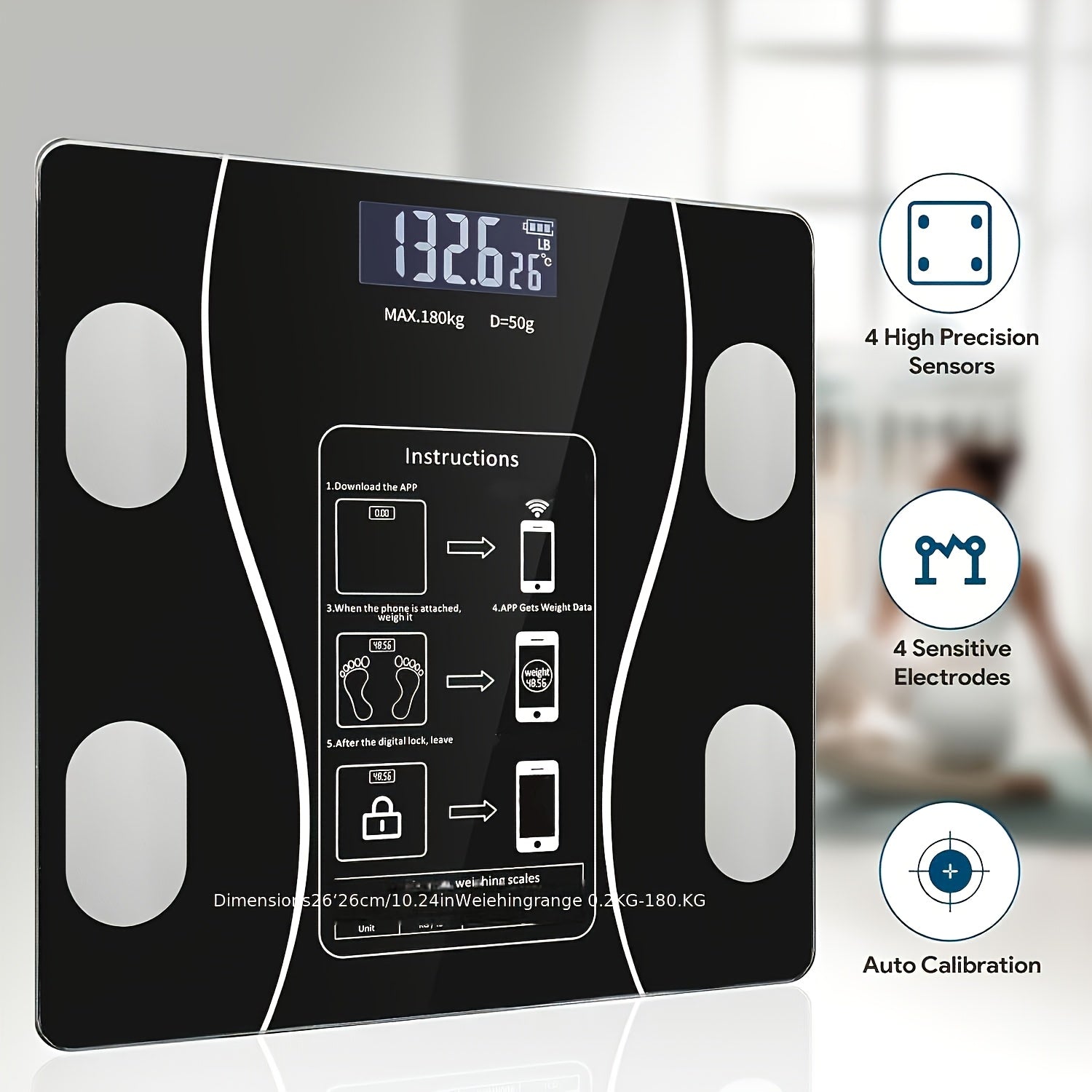 Intelligent Bathroom Scale, Digital Body Scale, with Backlit LED Display Screen And Sturdy Tempered Glass, Compact Size, Weighing Up to 400 Pounds/180 Kilograms