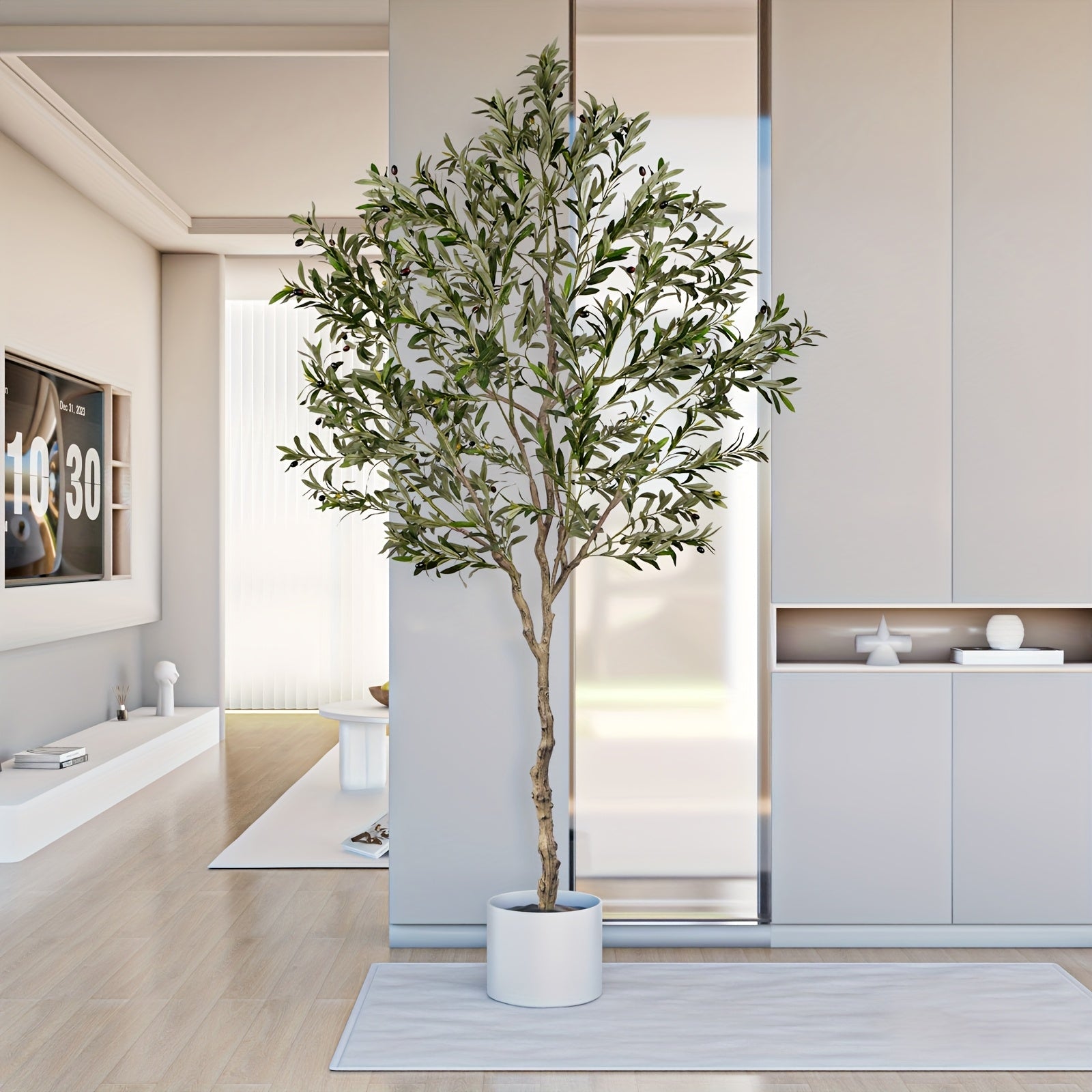 Artificial Olive Tree Indoor 5FT/6FT/7FT/8FT, Potted Tall Faux Olive Tree For Home Office Living Room Bathroom Bedroom Floor Fronted Door Decor, Large Fake Silk Olive Tree Plant With Lifelike Trunk Branch Fruits Leaves Outdoor Decor Accessories
