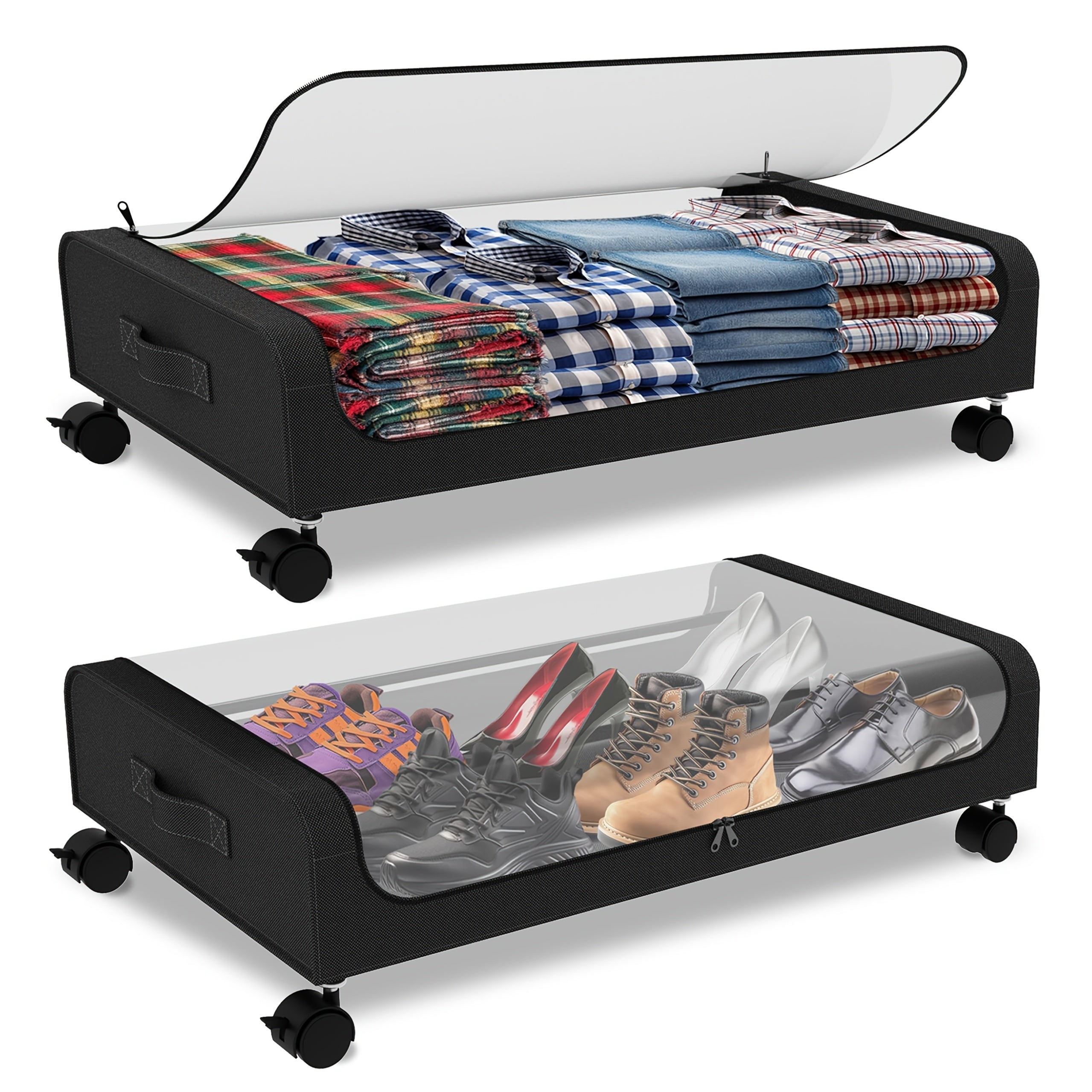 Underbed Storage with Wheels, 2-Pack XXL Large 18.49gal Underbed Storage Containers, Under Bed Organizer for Bedroom Dorm, Under Bed Rolling Storage for Clothes, Bedding, Shoes, Blankets, Books, Under-Bed Storage Organizer for Bedroom Dorm