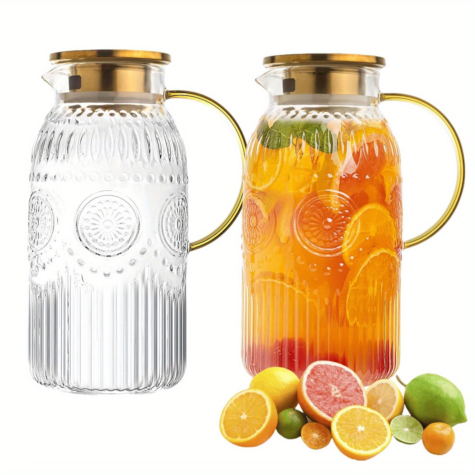 Amzcku 68oz/2 Liter Glass Pitcher with Lid - Vintage Water Jug, Heat-Resistant Glass Carafe Suitable for Cold Brew, Coffee, Lemonade, Iced Tea - Lid, Glass Jug for, Parties, Picnics, Camping, Office