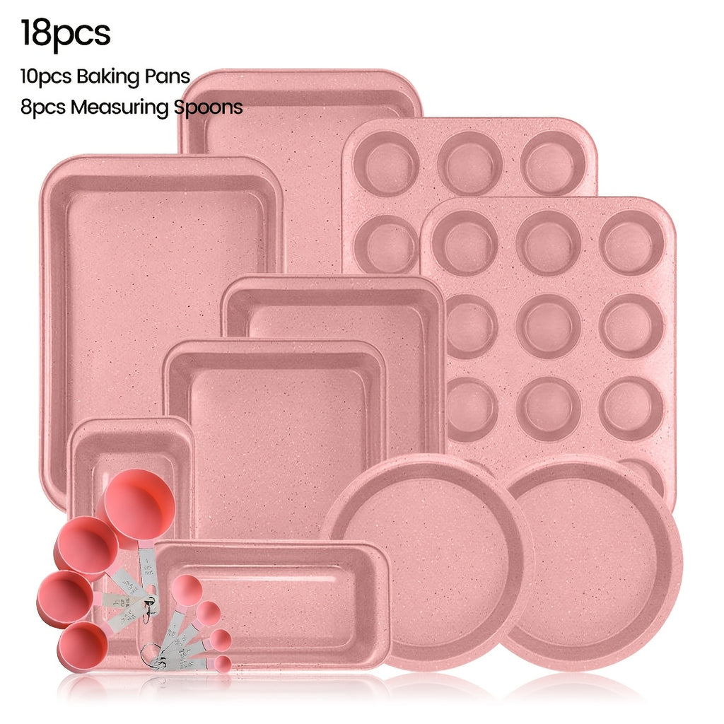 2/6/7/8/11/12/16/18pcs Nonstick Baking Pans Set Kitchen Baking Sheets Oven Bakeware Sets Round/Square Cake Pan Muffin Pan, Loaf Pan, Roast Pan, Cookie Sheet Baking Supplies Grey Measuring Spoon, Scraper, Rack, Whisks, Bread Bag, Muffin Cups, Spatulas