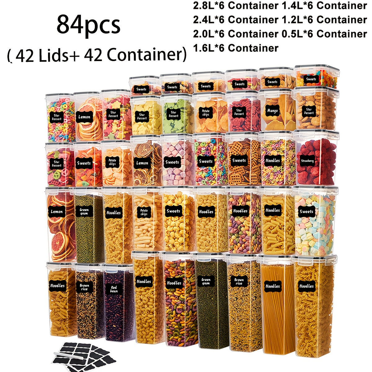 12/14/20/48/84pcs Food Storage Container Set, Fresh-Keeping Boxes, Easy-to-Secure Lids - Airtight Plastic Containers, Suitable For Pantry, Travel, Outdoor Picnics, Kitchen Organization, Comes With Labels And Marker(6/7/10/24/42 Lids+Containers)