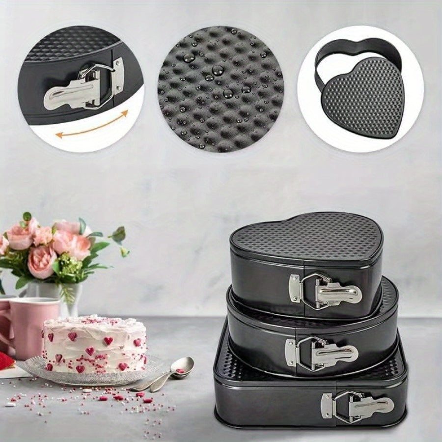 6-Piece Carbon Steel Cake Pan Set with Removable Bottom - 3 Shapes (Square, Round, Heart) for Chiffon, Mousse, Cheesecakes - Perfect for Wedding & Birthday Baking