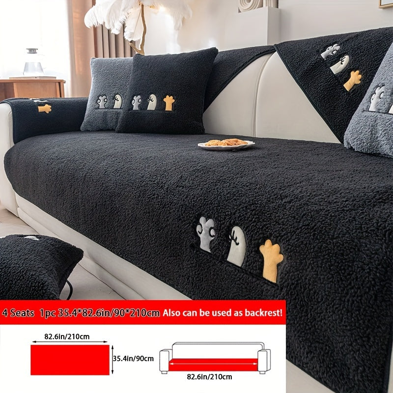 1pc Plush Thick Shearling Sofa Cover with Cute Animal & Bone Embroidery - Pet-Friendly, Non-Slip Couch Protector for All Sofa Sizes from Single to Four-Seater - Soft, Warm Decor for Living Room, Bedroom, Office, Sofa Covers for Living Room