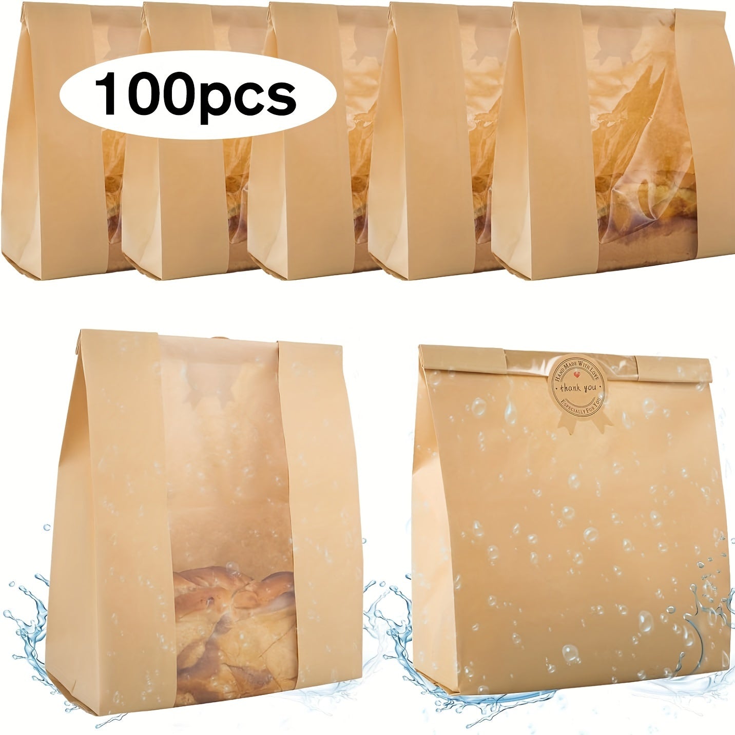 Kraft Paper Bread Bags with Clear Window & Label Seal Stickers - Suitable for Homemade Sourdough, Artisan Bread - Brown Bakery Bags for Bakeries, Farmers Markets, Freezer & Pantry Storage