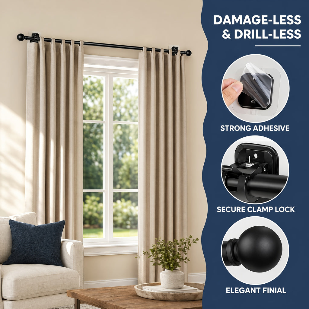 Curtain Rods No Drilling for Windows, 5/8 Inch Diameter Drapey Pole with No Drill Curtain Rod Brackets (2pcs Black)