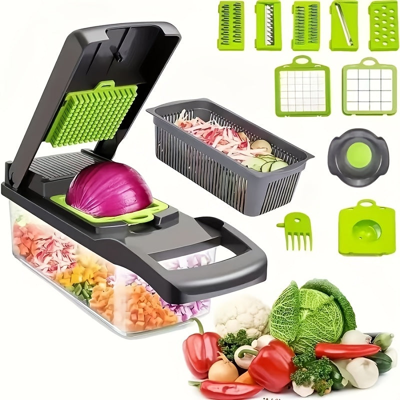14-in-1 Multifunctional Vegetable Chopper with Large Capacity Collector | Stainless Steel Blades, Manual Operation, Includes Egg Separator, Easy to Clean, Ideal for Dicing, Slicing, and Grating Vegetables and Fruits