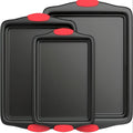 3pcs Carbon Steel Non-Stick Oven Bakeware Set with Red Silicone Handles Commercial-Grade