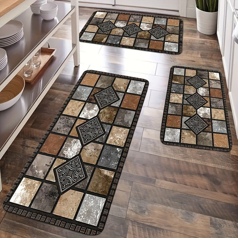 2D 3pcs Kitchen Mat Set, Classic Geometric Stone Mat, Retro Rural Style Mat, Farmhouse Kitchen Decoration, Soft And Comfortable, Suitable for Bedroom, Living Room, Dining Room, Kitchen, Bathroom, Gift for Friend, Kitchen Accessorie, Halloween