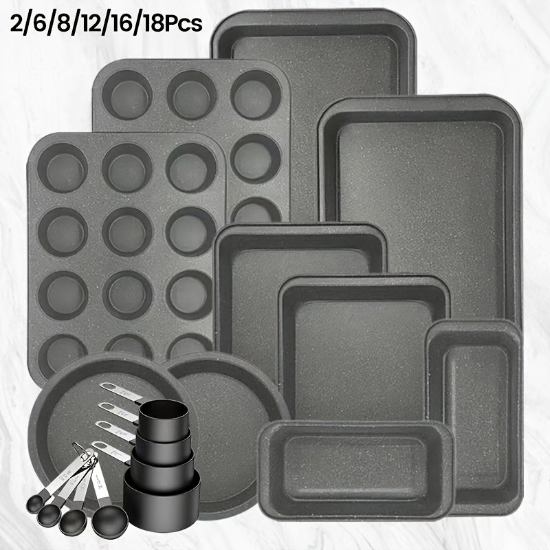 2/6/7/8/11/12/16/18pcs Nonstick Baking Pans Set Kitchen Baking Sheets Oven Bakeware Sets Round/Square Cake Pan Muffin Pan, Loaf Pan, Roast Pan, Cookie Sheet Baking Supplies Grey Measuring Spoon, Scraper, Rack, Whisks, Bread Bag, Muffin Cups, Spatulas
