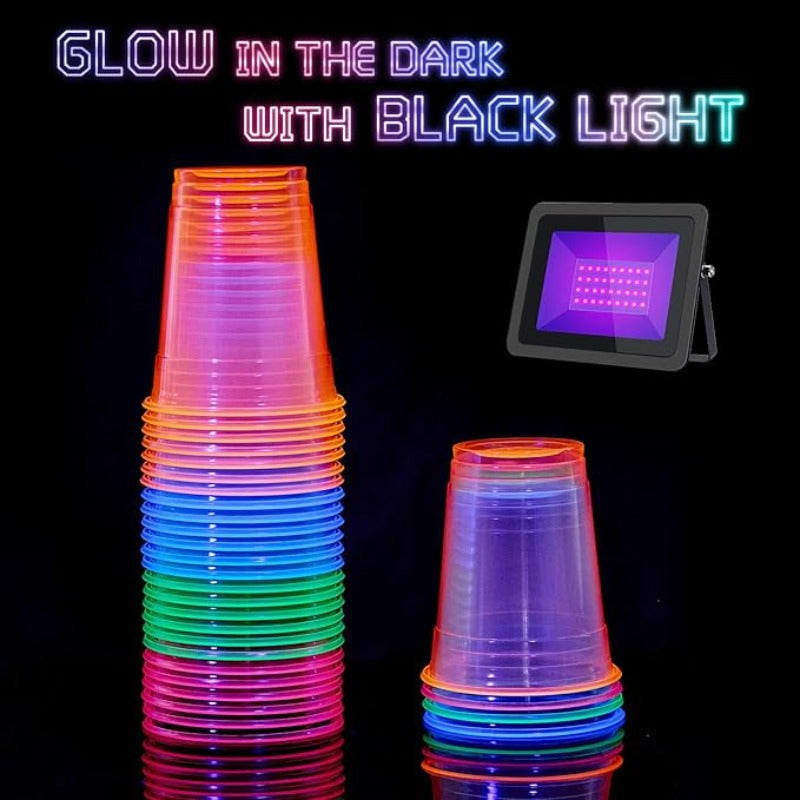 100pcs Plastic for Neon Cups, 12/16Oz Disposable Glowing Cups for Neon Party Decorations, Colorful Glow-In-The-Dark Suitable for Carnival Parties, Christmas, Thanksgiving, Halloween Holidays Halloween