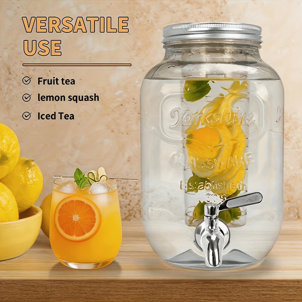 2pcs, 1-gallon Glass Beverage Dispenser Set, With Stand And Stainless Steel Spigot, Leak-proof. Lemonade Dispenser With Ice Tube, Ideal For Kitchen, Camping, Parties, Halloween, And Christmas.