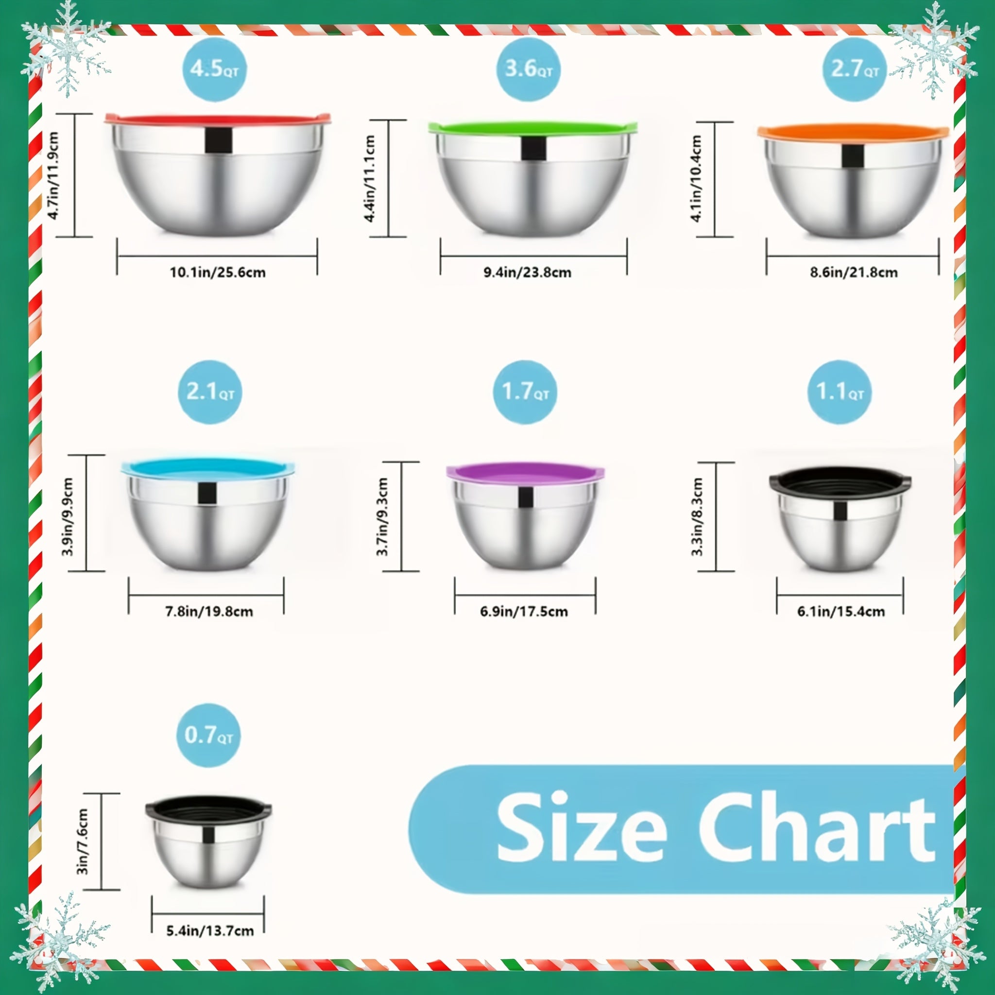 30pcs Stainless Steel Mixing Bowls with Airtight Lids - 7 Bowls & Lids + 23 Kitchen Tools, Grater Attachments, Size 4.5, 3.6, 2.7, 2.1, 1.7, 1.1, 0.7QT, Great for Mixing & Serving, Christmas, New Year, Mother Gift