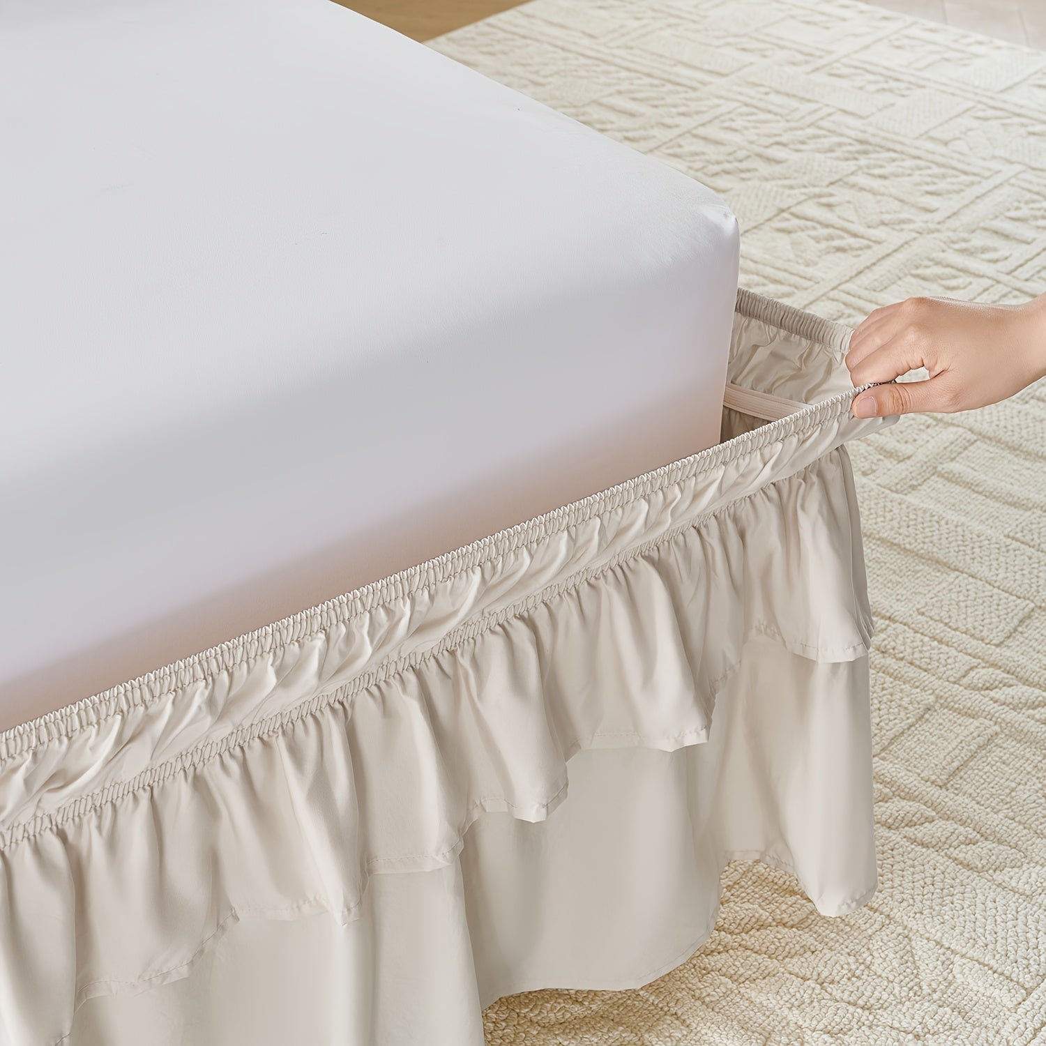 Double Ruffle Bed Skirt 16 Inch Drop, Elastic Wrap Around Bed Skirts For Twin Full Queen King Size Bed, Easy To Install Dust Ruffle, Machine Washable Soft Fabric, Multi Ruffle Bedskirt For Bedroom Bedding Home Decor
