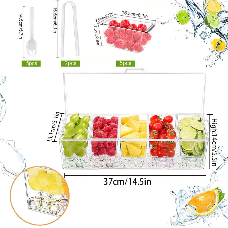 1pc Portable Chilled Fruit Storage Box, Equipped with 5 Forks And 2 Pliers, Salad Storage Box, Suitable for Entertainment Parties with Lid, Bar Decoration Rack, Detachable Box with 5 Compartments, Fruit Trays for Serving