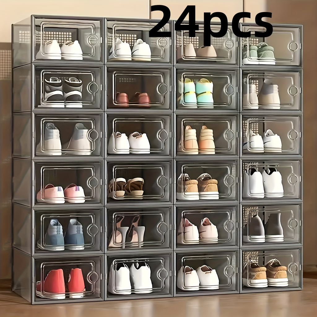 6/12/24pcs Shoe Boxes Thickened Transparent with Lid, Foldable Stackable Free Combination Shoe Rack, Plastic Sneaker Container, Space Saving Storage Organizer for Entryway, Bedroom, Home, Dorm, Ramadan Decor