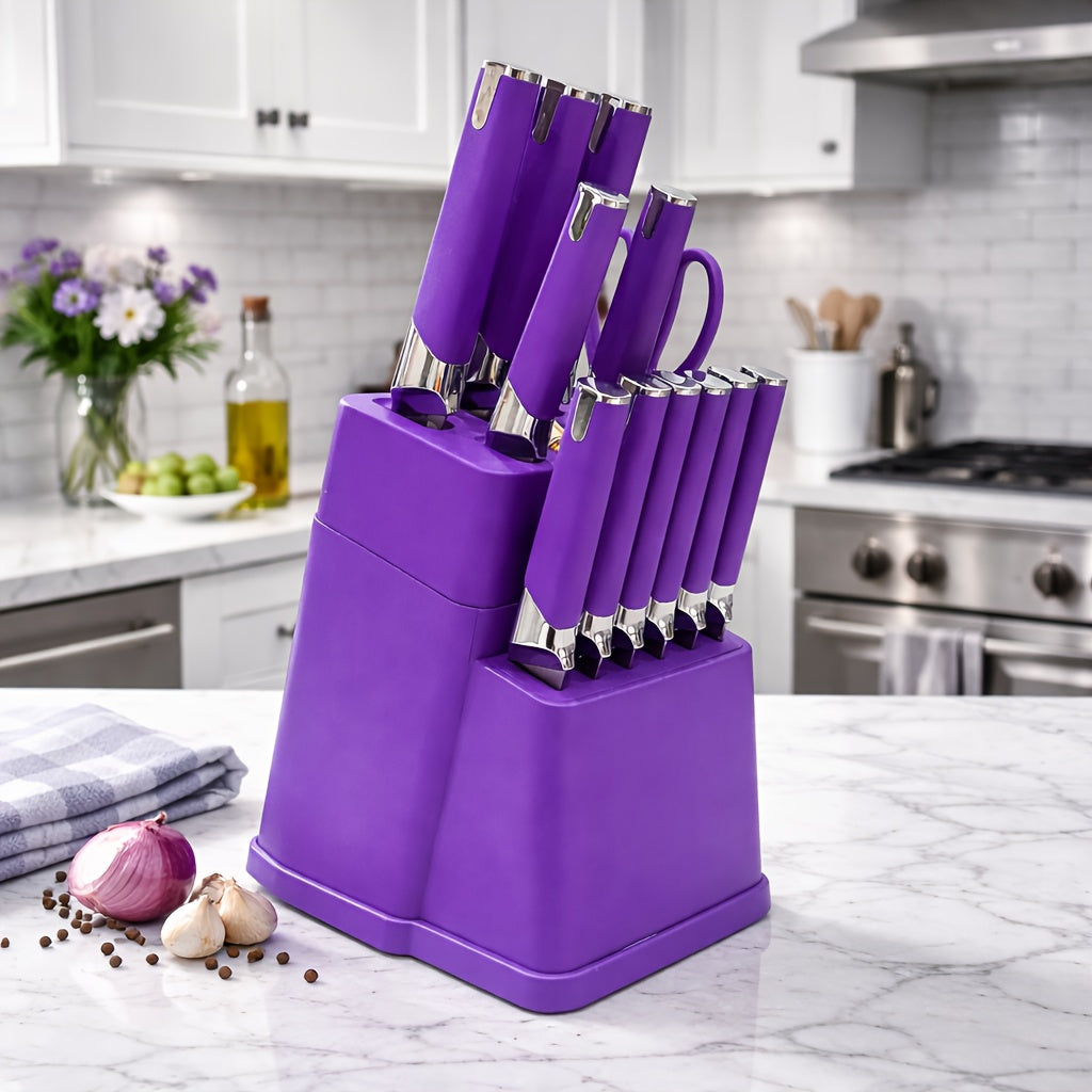 13pcs All-in-One Kitchen Knife Set with Holder - Includes 6 Steak Knives, Chef Knife, Bread Knife & Scissors - Perfect Housewarming Gift for New Home - Sharp & Durable Cooking Tools