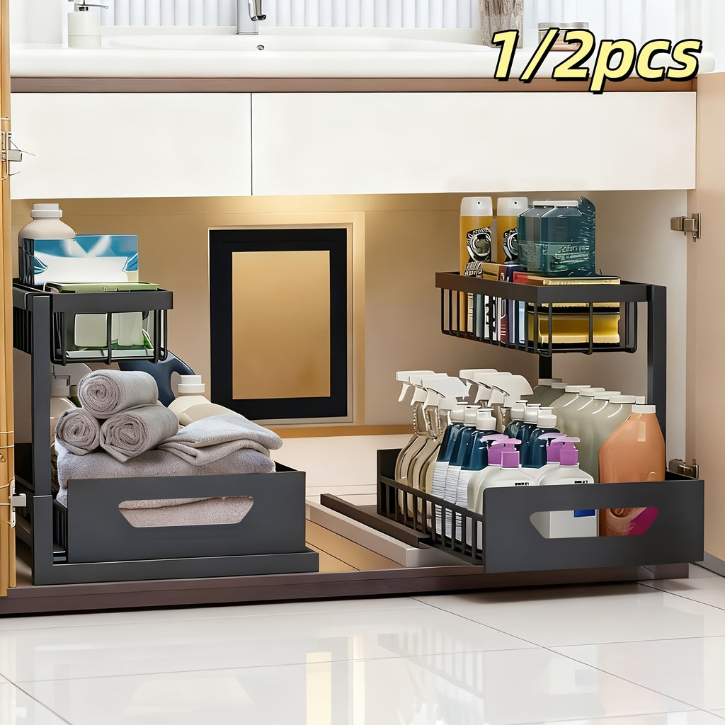 1/2pcs 2-story kitchen sink storage containers，push-pull cabinet organizer, kitchen and bathroom organizers and storage, study, tabletop, metal sliding drawers, practical and convenient kitchen accessories essentials, kitchen organizers and storage.