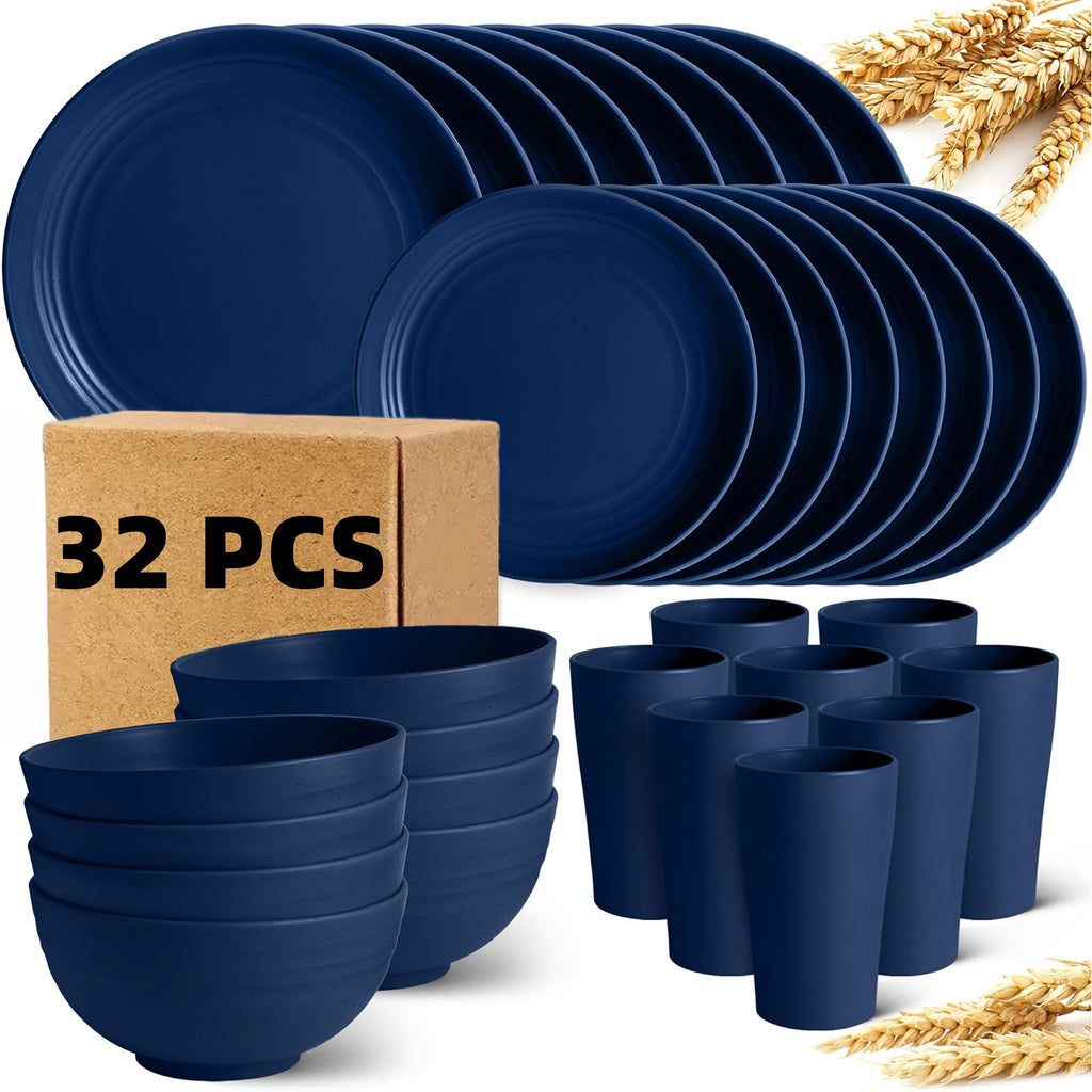 16pcs/32pcs Kitchen Wheat Straw Large Size Dinnerware Set, for 4/8, Unbreakable Modern Dish Set Dinner Plate/Dessert Plate/Cereal Bowl/Cup, Dishwasher Safe, Lightweight Tableware, Camping And Everyday Use, Gifts for Men/Women/Christmas/Halloween