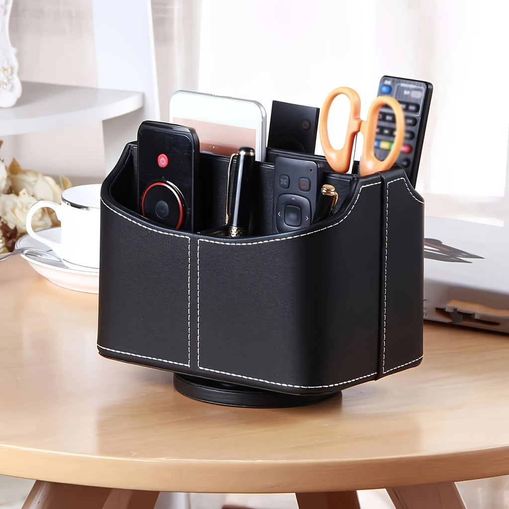 360° Swivel Remote Control Holder with 5 Compartments, PU Leather Multifunctional Desktop Organization Storage Box/Remotes Caddy/Makeup Organizer Basket for TV Controllers, Mobile Phones, Glasses, Cosmetics, Stationery. Home Decor and Accessories, Shelf B