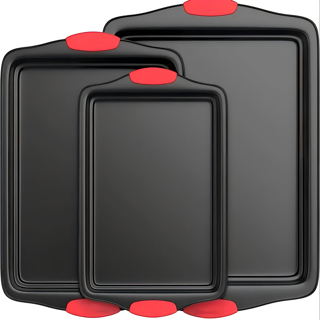 3pcs Carbon Steel Non-Stick Baking Pan | Oven & Toaster Accessories, Commercial Restaurant Grade, Double-Sided Non-Stick Coating, Luxurious & Stylish Design With Red Silicone Handle - Oven Safe Kitchen Accessories, Professional Kitchenware