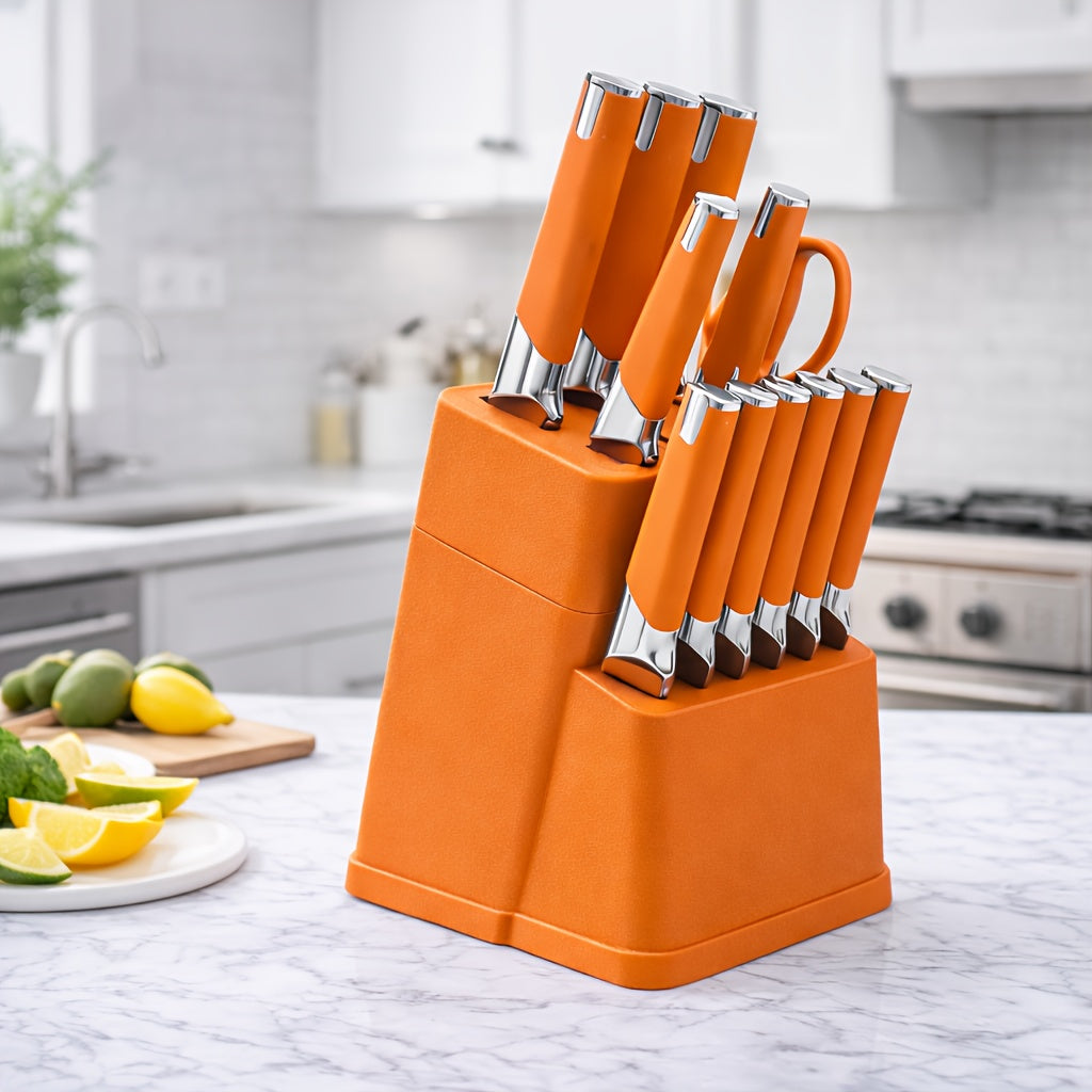 13pcs All-in-One Kitchen Knife Set with Holder - Includes 6 Steak Knives, Chef Knife, Bread Knife & Scissors - Perfect Housewarming Gift for New Home - Sharp & Durable Cooking Tools