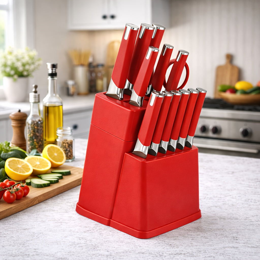 13pcs All-in-One Kitchen Knife Set with Holder - Includes 6 Steak Knives, Chef Knife, Bread Knife & Scissors - Perfect Housewarming Gift for New Home - Sharp & Durable Cooking Tools